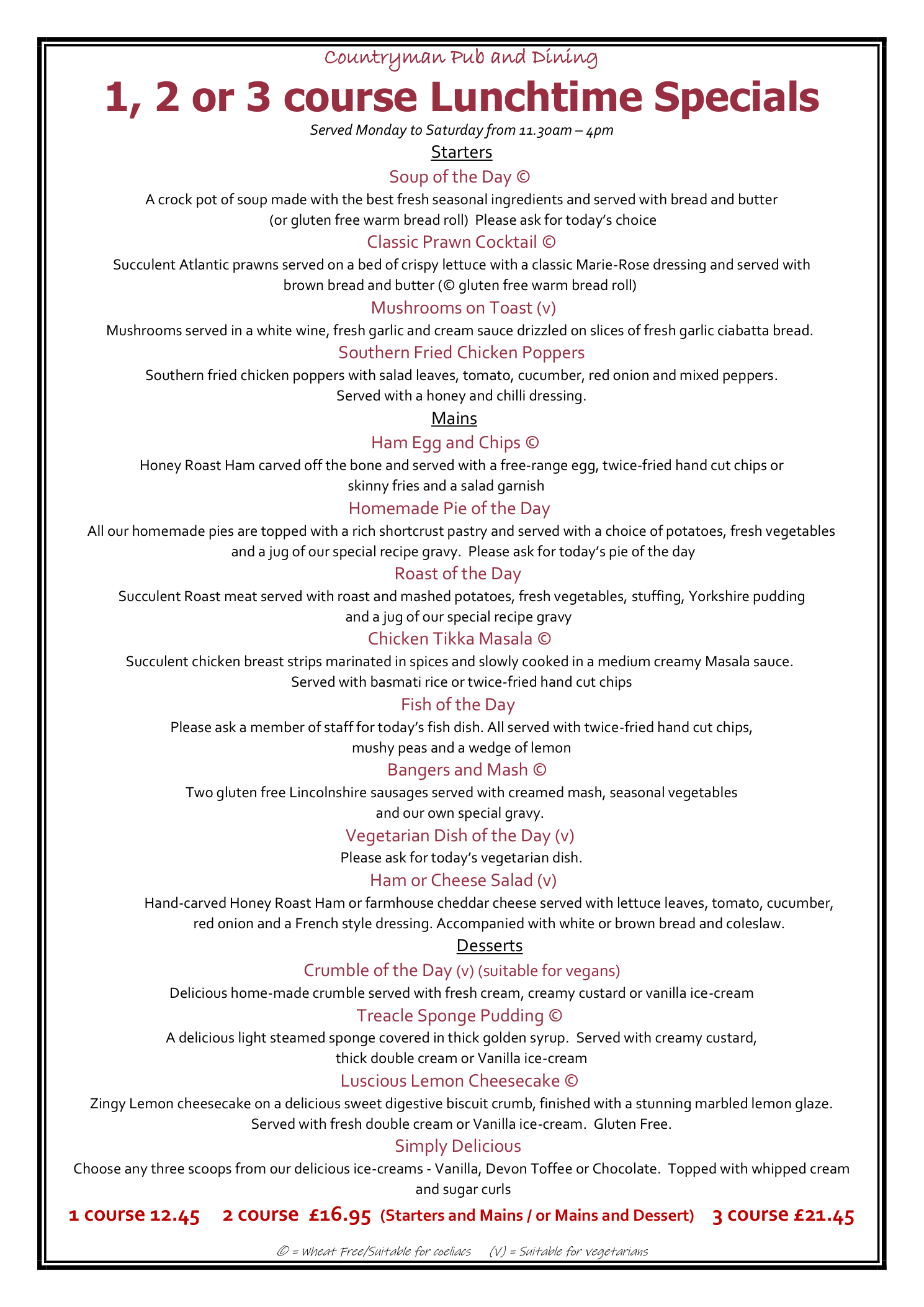 Lunchtime Specials Menu at The Countryman